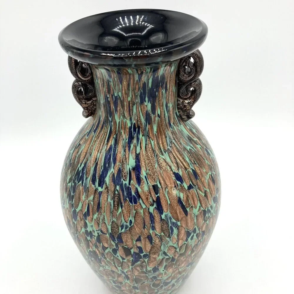 Vintage Murano Art Glass Vase Aventurine Teal Gold Fleck Mid Century Art Nouveau